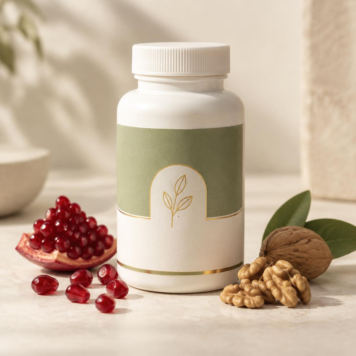Urolithin A supplement bottle beside pomegranate seeds and walnuts on a cream surface